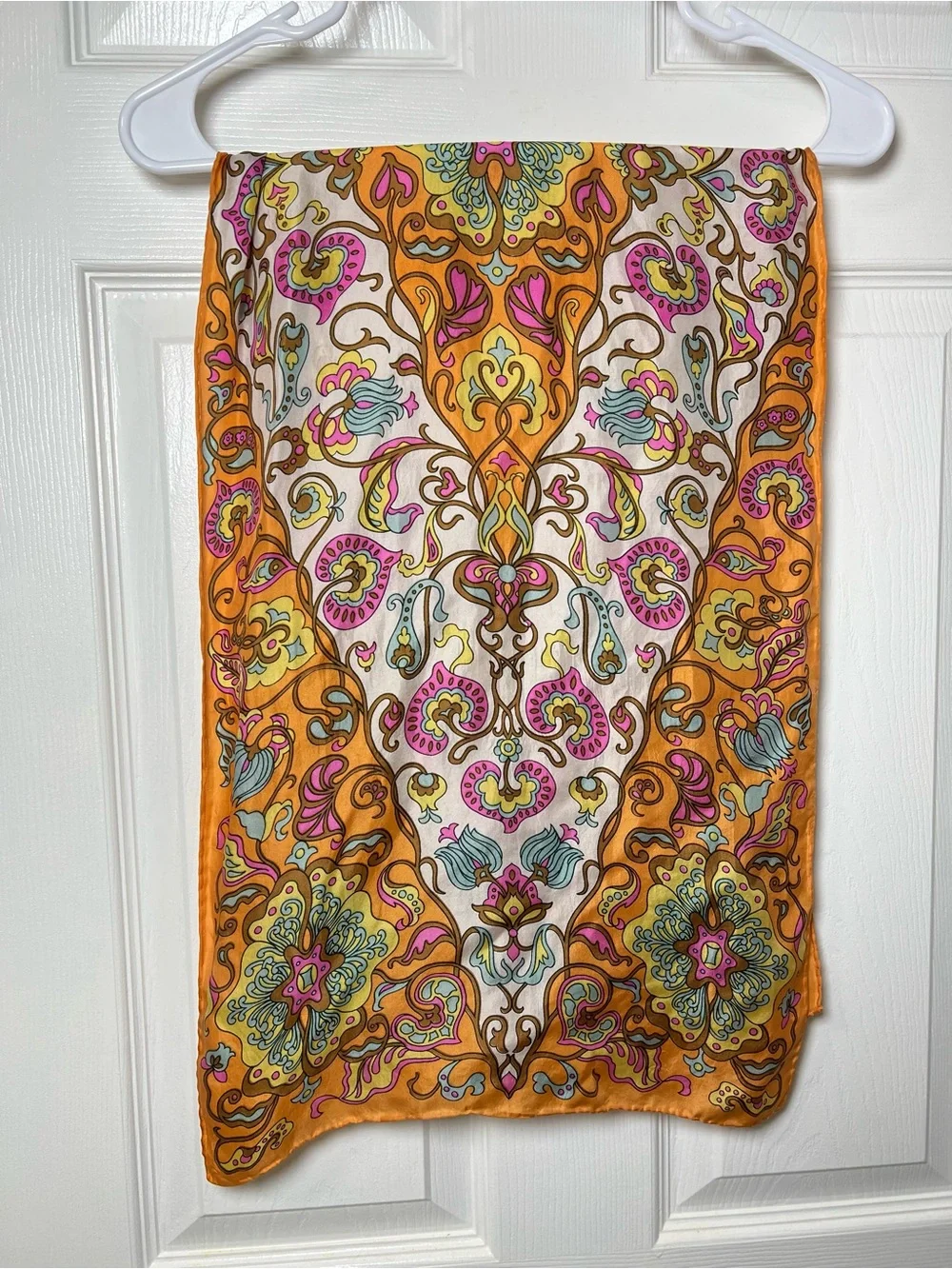 Vintage 1970s 100% Silk Long Paisley Floral Scarf Wrap Orange Boho Festival 🧡
